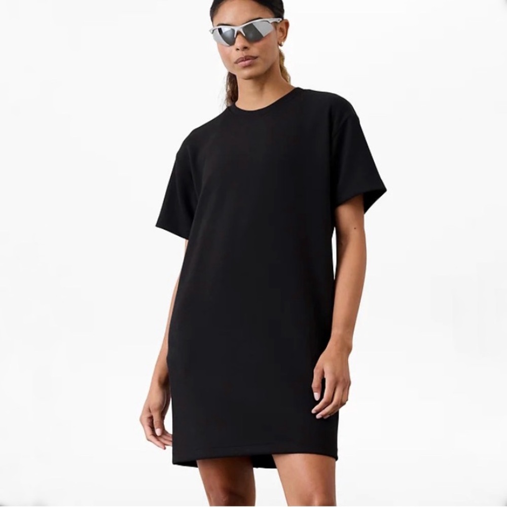 Athleta Seasoft Rib Tee Dress Size XL Black Pockets Short Sleeves T-Shirt Comfy